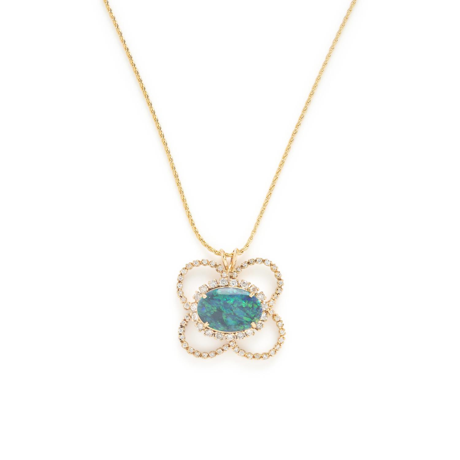 Black Opal, Diamond, and Yellow Gold Pendant and Chain Necklace