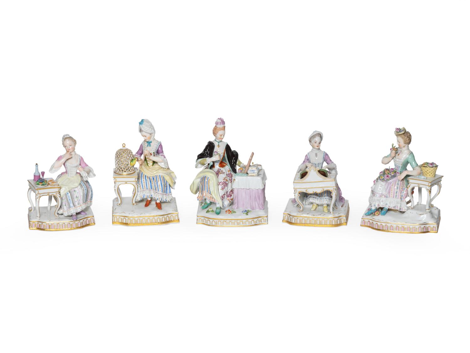 An Assembled Set of Five Meissen Porcelain Figures of the Senses — AFTER MODELS BY J.C. SCHOENHEIT, 1860-1924After models by J.C. Schoenheit, 1860-1924