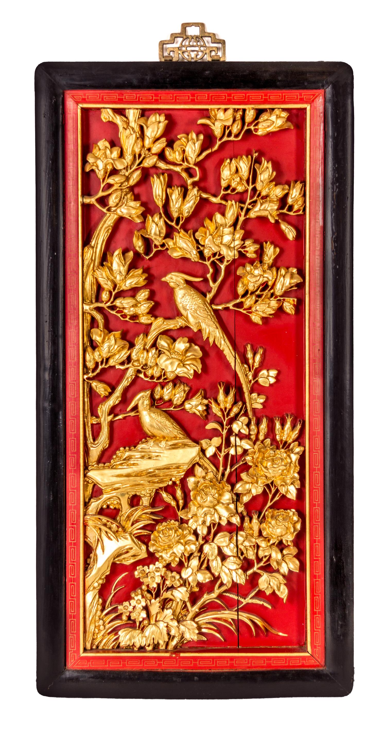 Four Gilt and Red Lacquer Wood Panels Height of each panel 33 x 15 3/4 inches.
