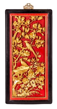 Four Gilt and Red Lacquer Wood Panels Height of each panel 33 x 15 3/4 inches.