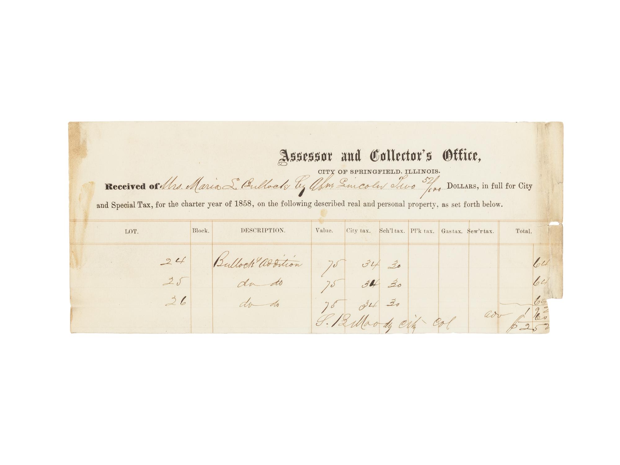 LINCOLN, Abraham (1809-1865). A small archive of 9 manuscript and partially printed documents relating to the Bullock Land Transaction, Springfield, Illinois, 1855-1859, comprising: