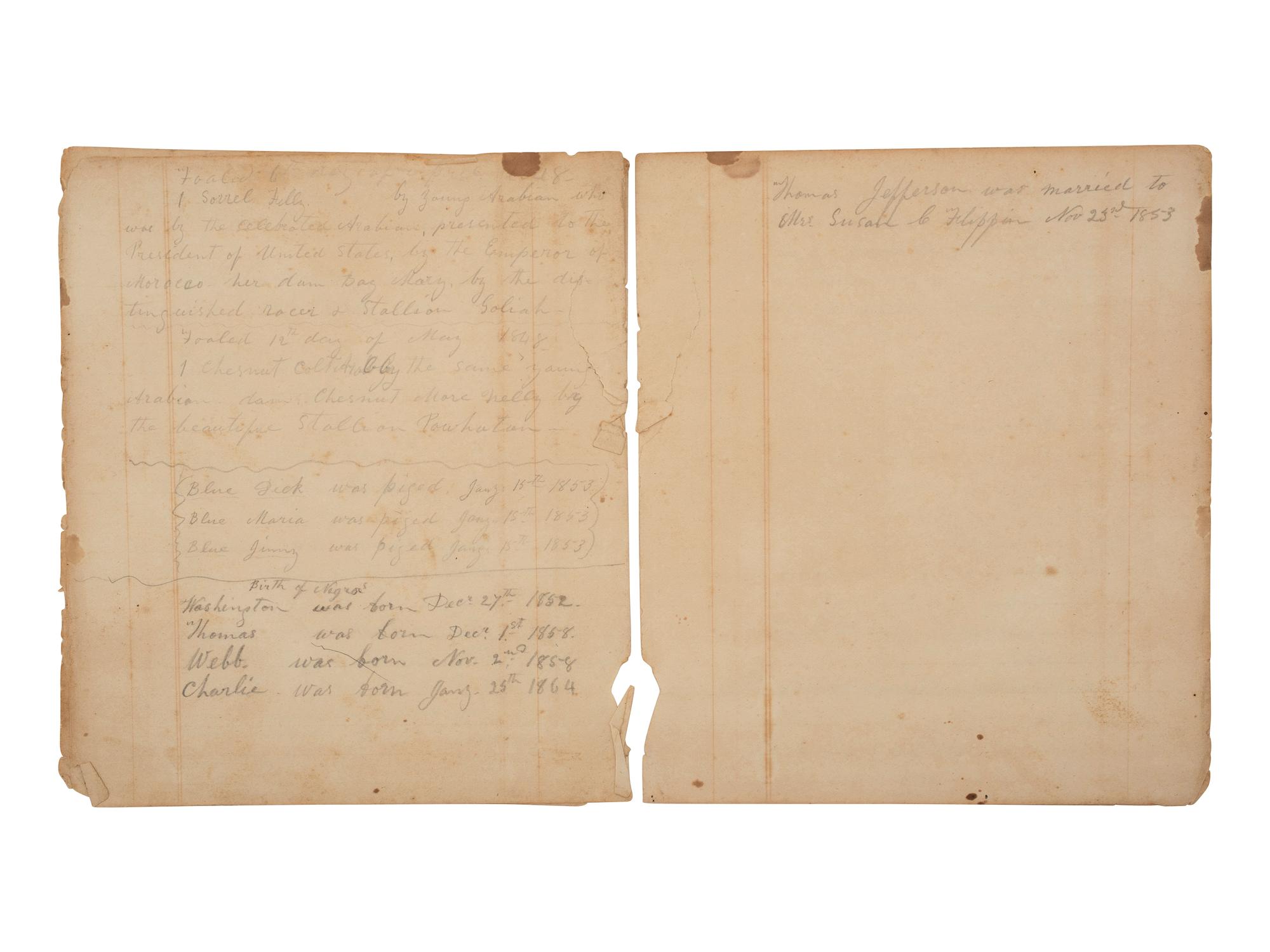 [ENSLAVEMENT & ABOLITION]. Four leaves from a ledger listing the Armistead and White family histories, incl. births of several enslaved individuals.