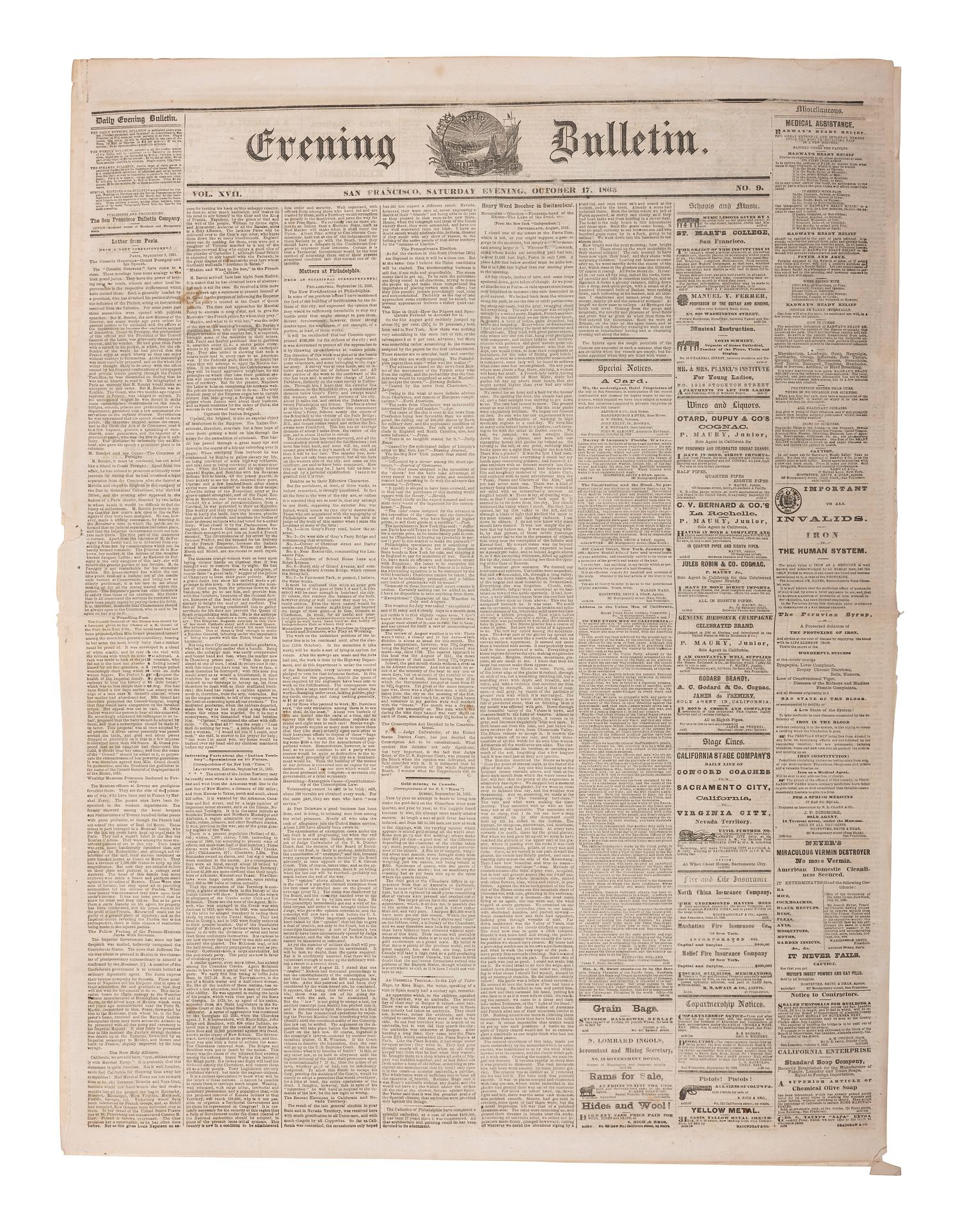 [CALIFORNIA -- CIVIL WAR]. Evening Bulletin. San Francisco, CA. 120+ issues, 1856 & 1863.