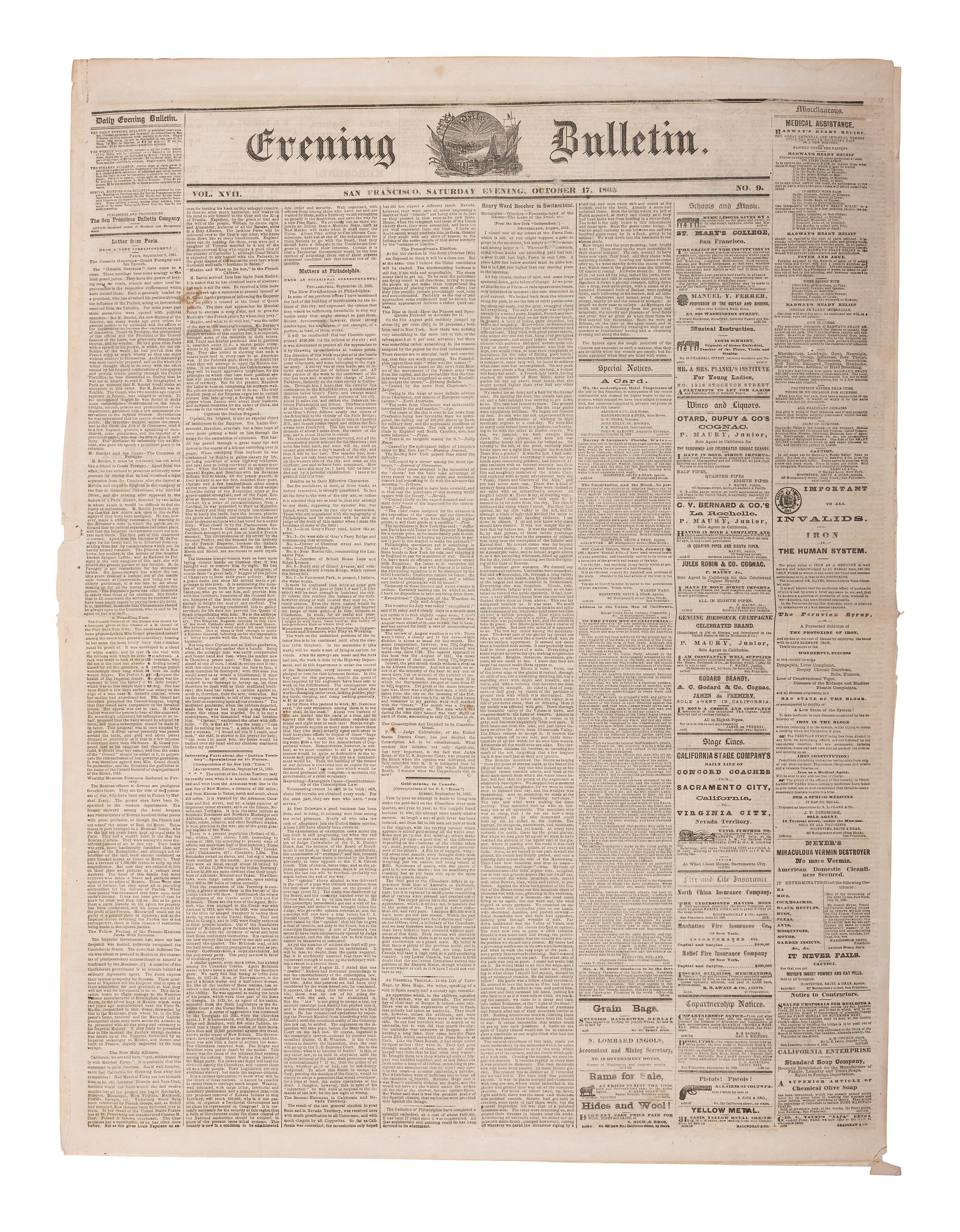 [CALIFORNIA -- CIVIL WAR]. Evening Bulletin. San Francisco, CA. 120+ issues, 1856 & 1863.