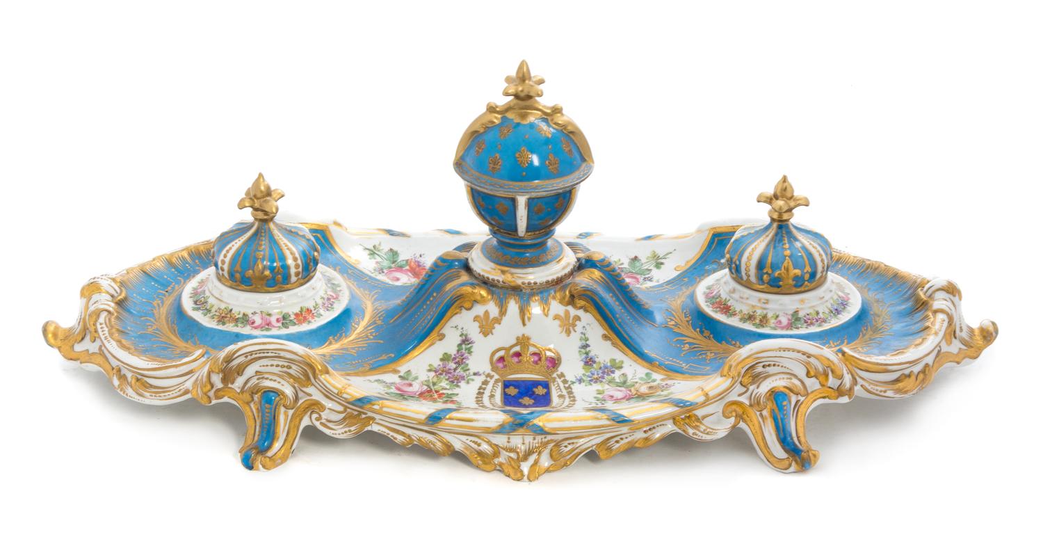 A Sevres Style Porcelain Encrier Width 18 3/4 inches.