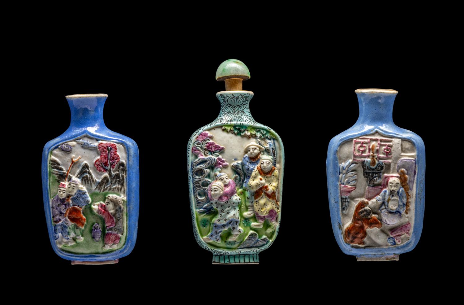 RELEASED TO MUSEUM - Three Chinese Famille Rose Molded Porcelain Snuff Bottles