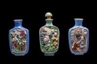 RELEASED TO MUSEUM - Three Chinese Famille Rose Molded Porcelain Snuff Bottles