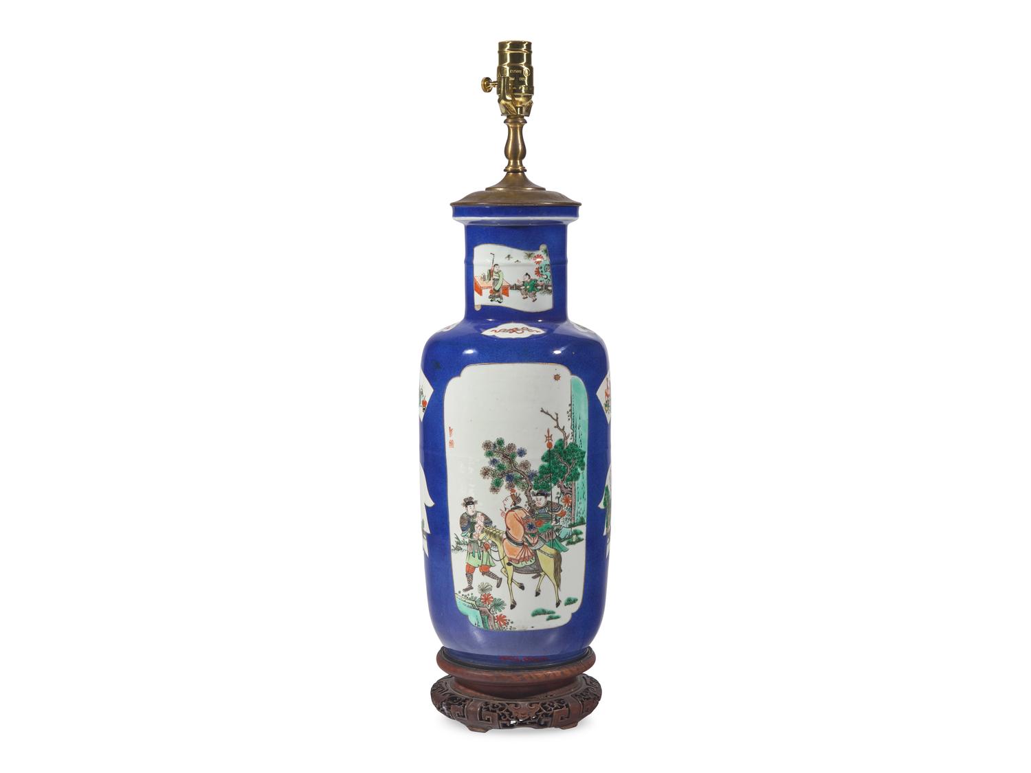 A Chinese Famille Verte Porcelain Roleau Vase Mounted As A Lamp