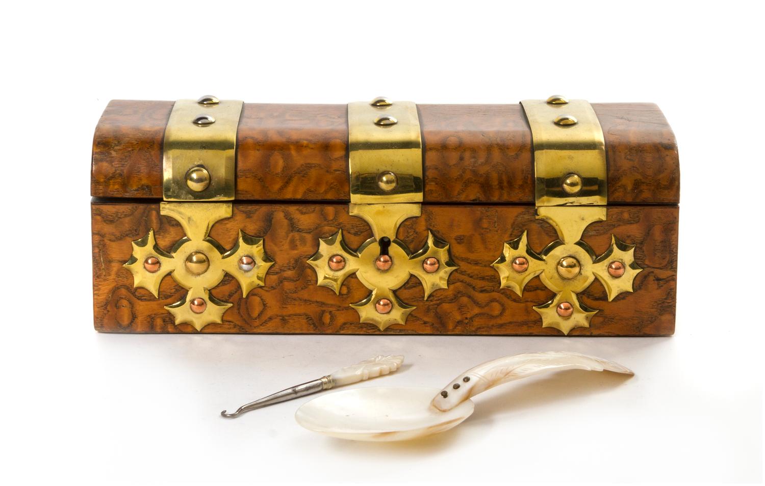 A Victorian Brass Banded Burlwood Box, Parkins & Gotto, Width of first 10 1/4 inches.