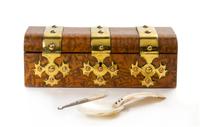 A Victorian Brass Banded Burlwood Box, Parkins & Gotto, Width of first 10 1/4 inches.