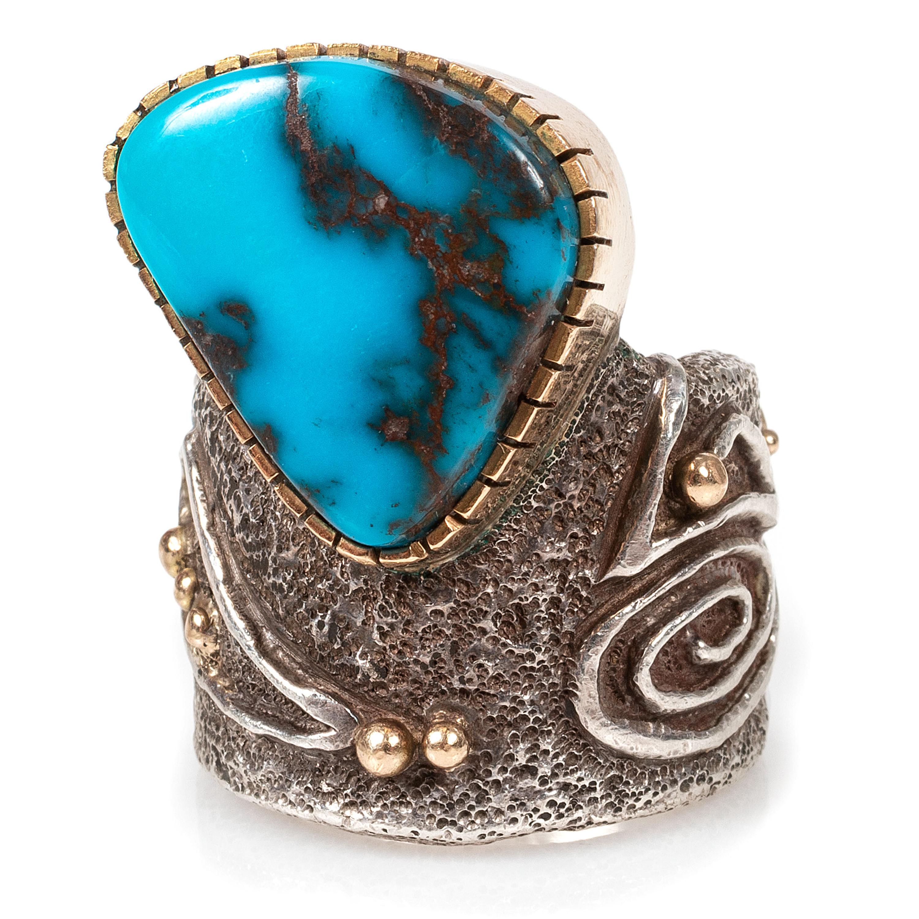Tufa Cast Silver Ring, with Bisbee Turquoise Cabochon and Accented with 14k Gold