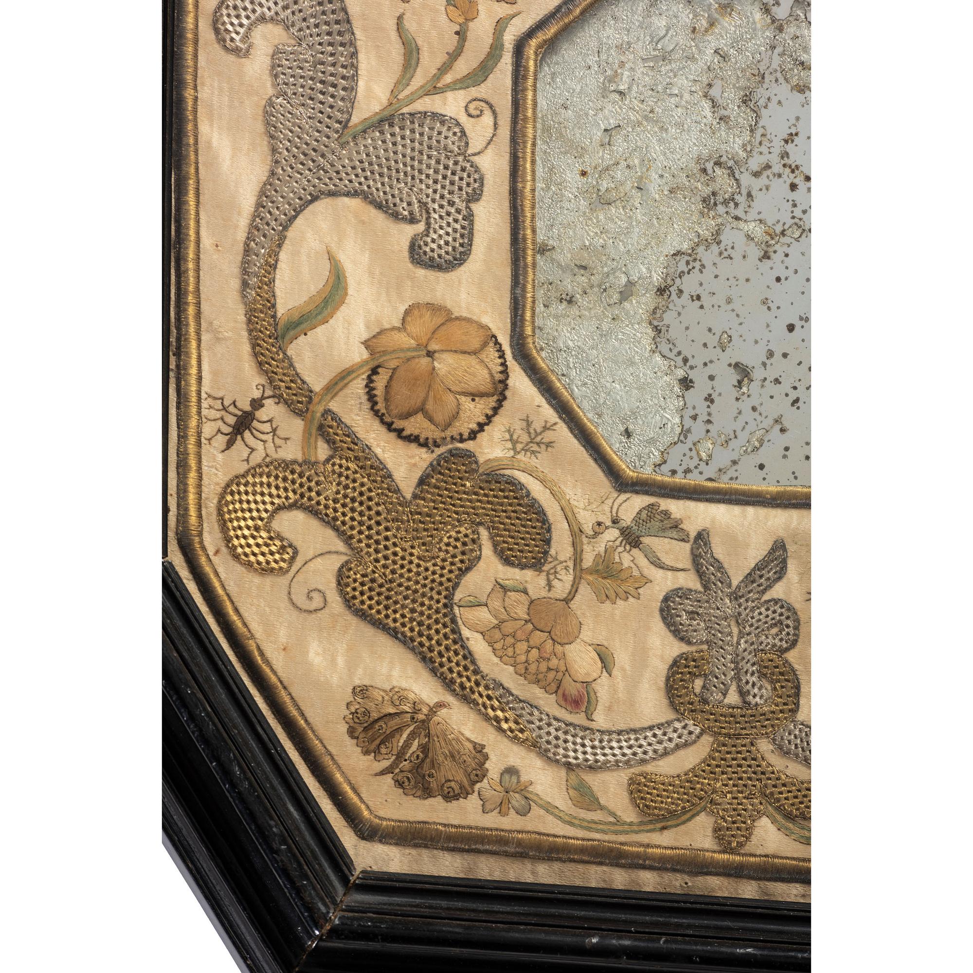 An English Metallic Stumpwork Embroidered Framed Mirror