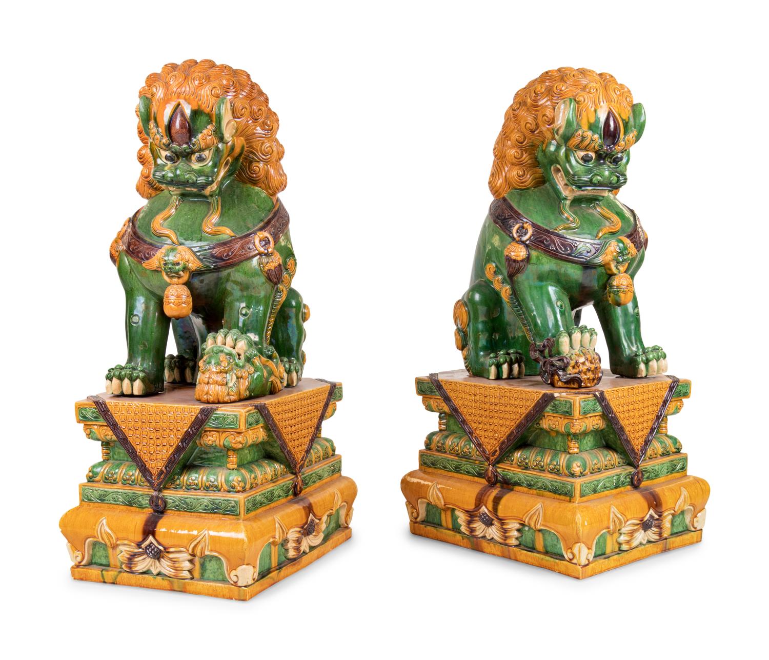 A Large Pair of Chinese Sancai Glazed Porcelain Fu Lions