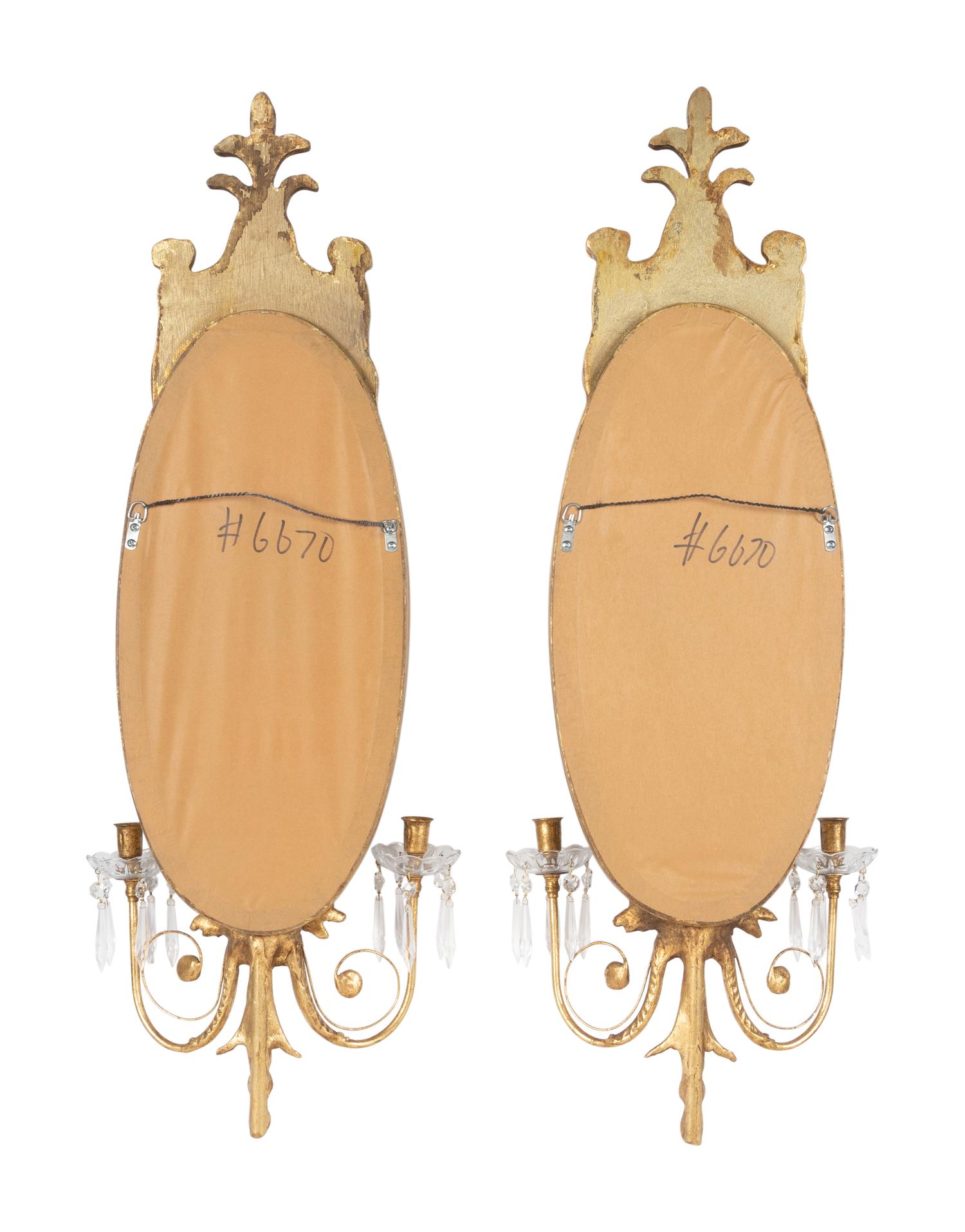 A Pair of Neoclassical Style Giltwood and Cut Glass Two-Light Sconces
