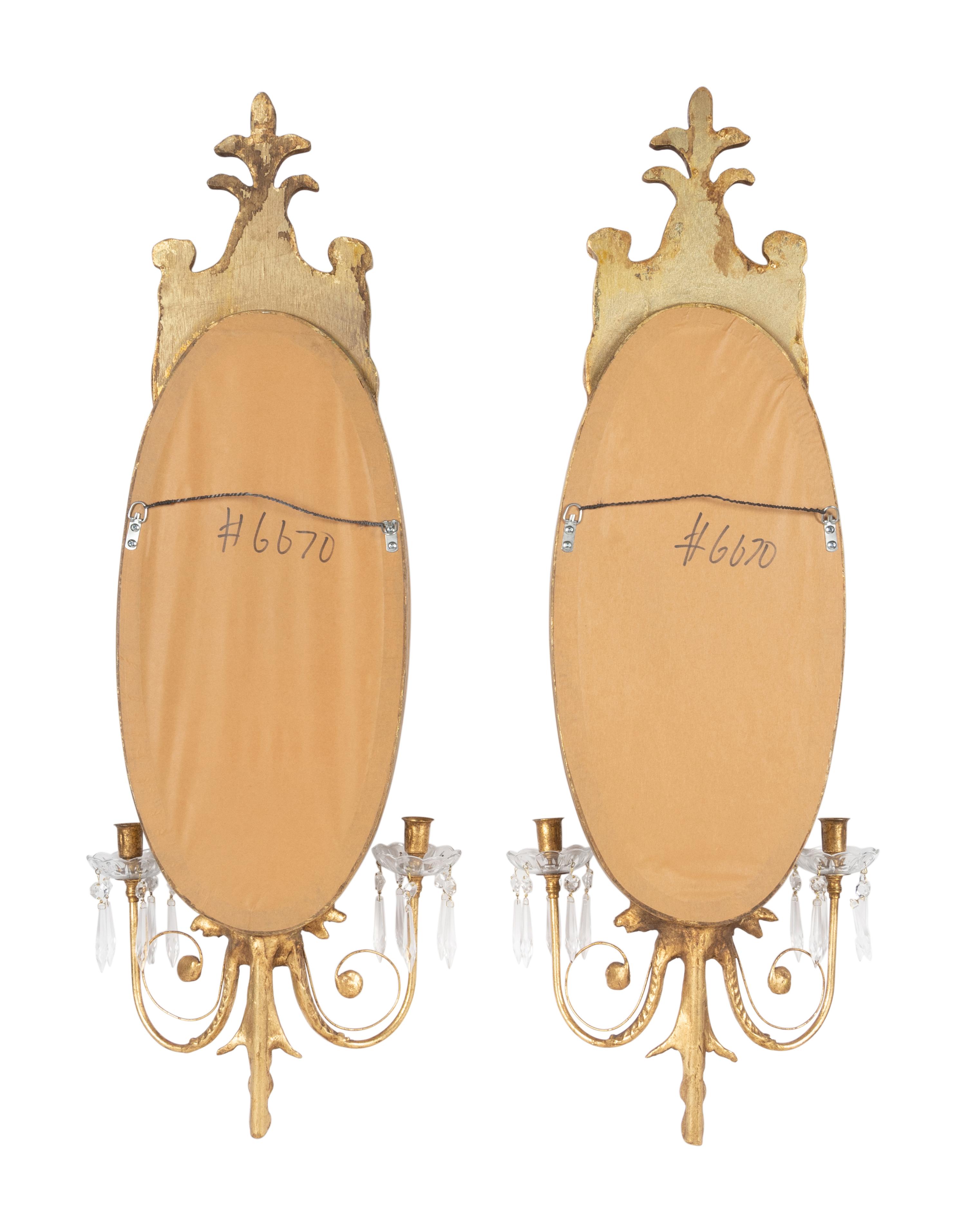 A Pair of Neoclassical Style Giltwood and Cut Glass Two-Light Sconces