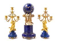 A French Lapis Lazuli and Gilt Bronze Clock Garniture Height of mantel clock 16 1/4 inches. — 19TH CENTURY