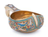 A Large Russian Silver-Gilt and Shaded Enamel Presentation Kovsh