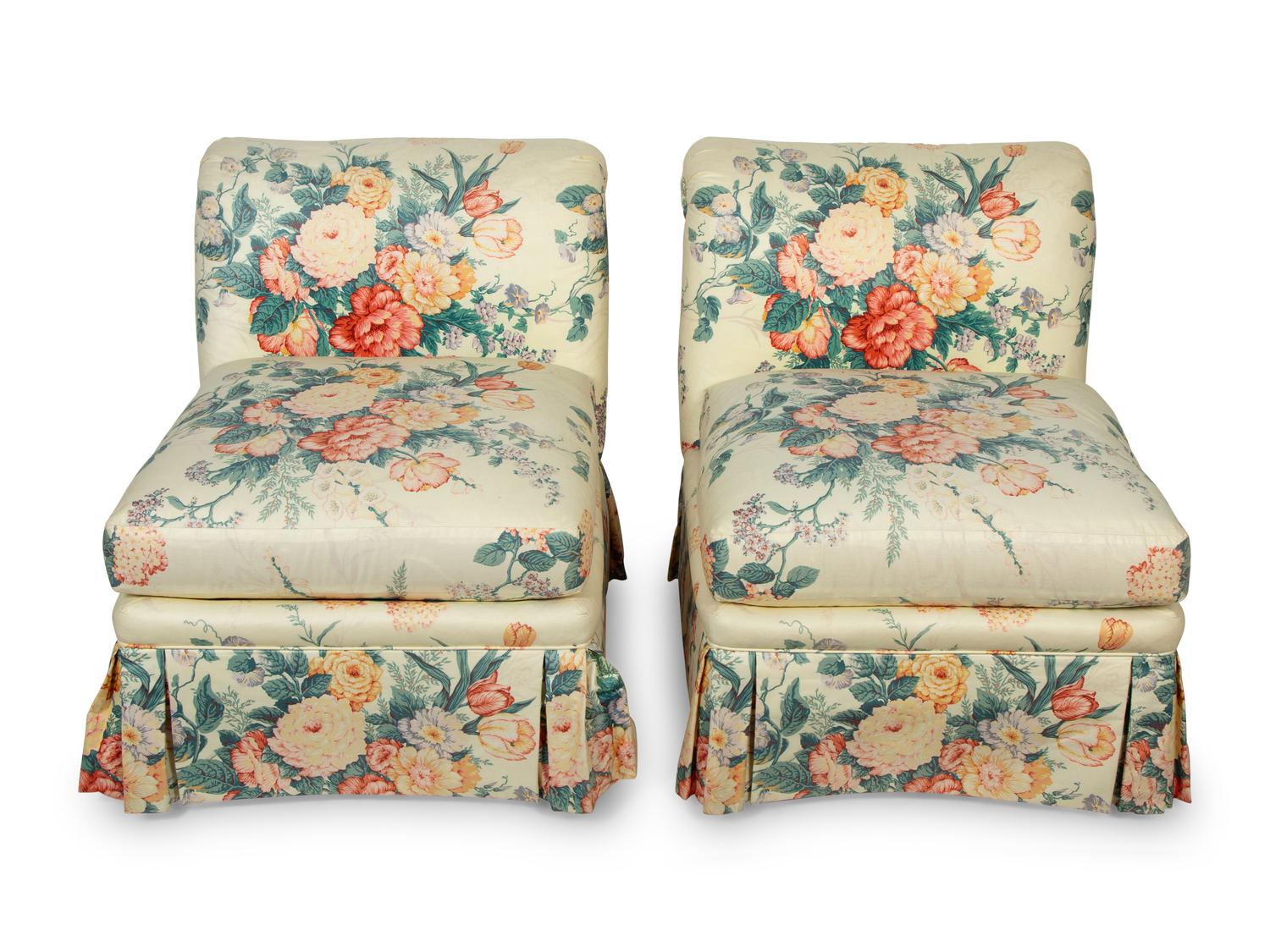 A Pair of Chintz-Upholstered Slipper Chairs Supplied by Mario Buatta