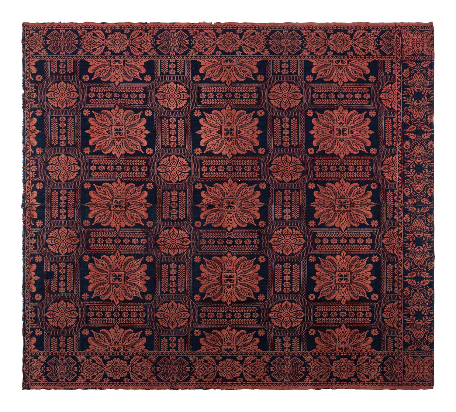 Two Blue and Orange Jacquard Wool and Cotton Coverlets