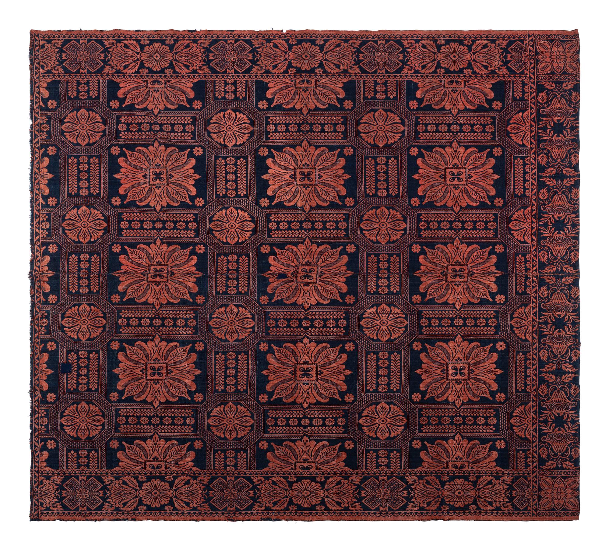 Two Blue and Orange Jacquard Wool and Cotton Coverlets