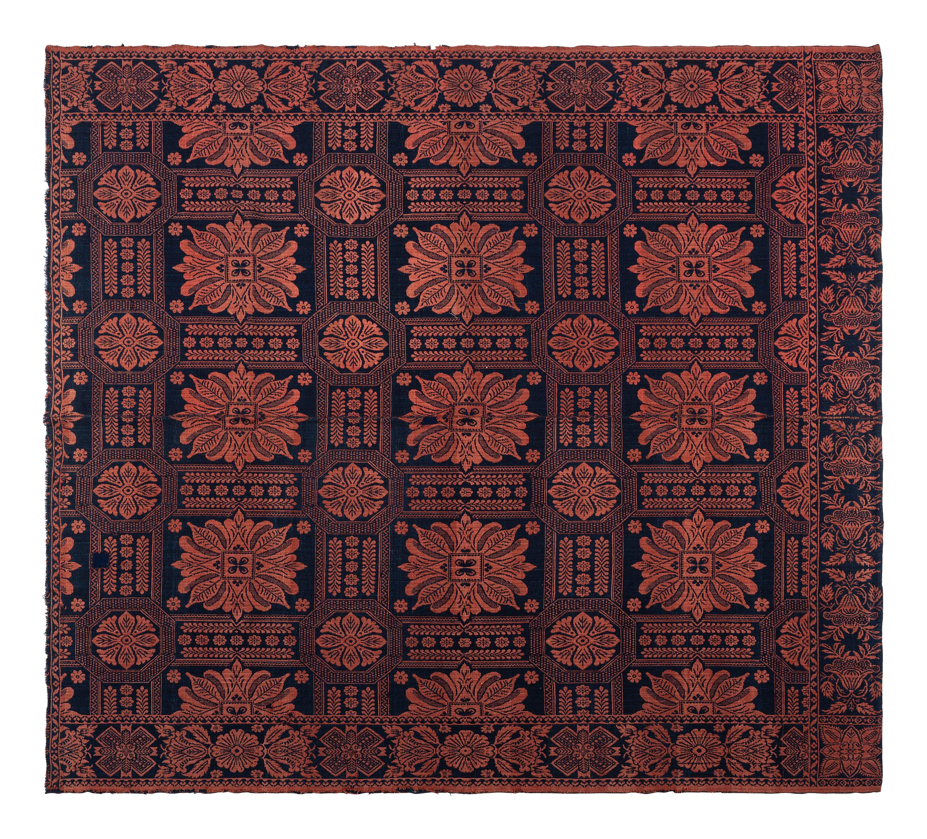 Two Blue and Orange Jacquard Wool and Cotton Coverlets
