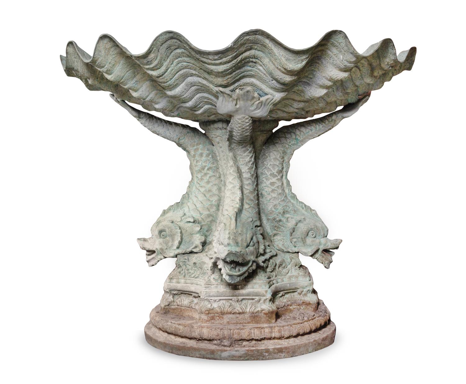 A Pair of Neoclassic Style Patinated Bronze Garden Urns and a Fountain