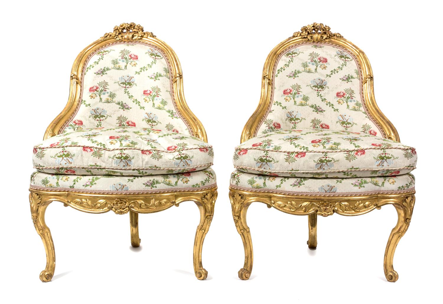 A Pair of Louis XV Style Giltwood Corner Chairs Height 37 1/2 x width 26 x depth 24 inches. — 19TH CENTURY