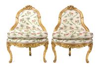 A Pair of Louis XV Style Giltwood Corner Chairs Height 37 1/2 x width 26 x depth 24 inches. — 19TH CENTURY