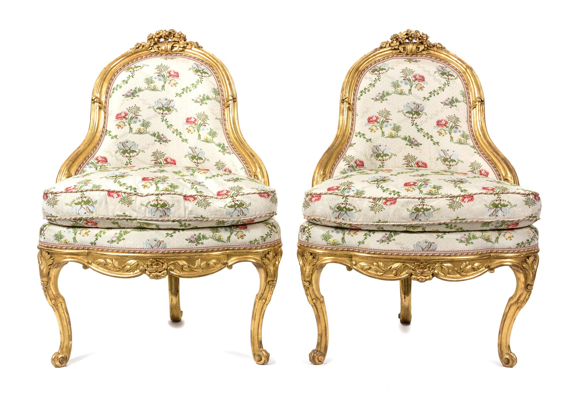 A Pair of Louis XV Style Giltwood Corner Chairs Height 37 1/2 x width 26 x depth 24 inches. — 19TH CENTURY