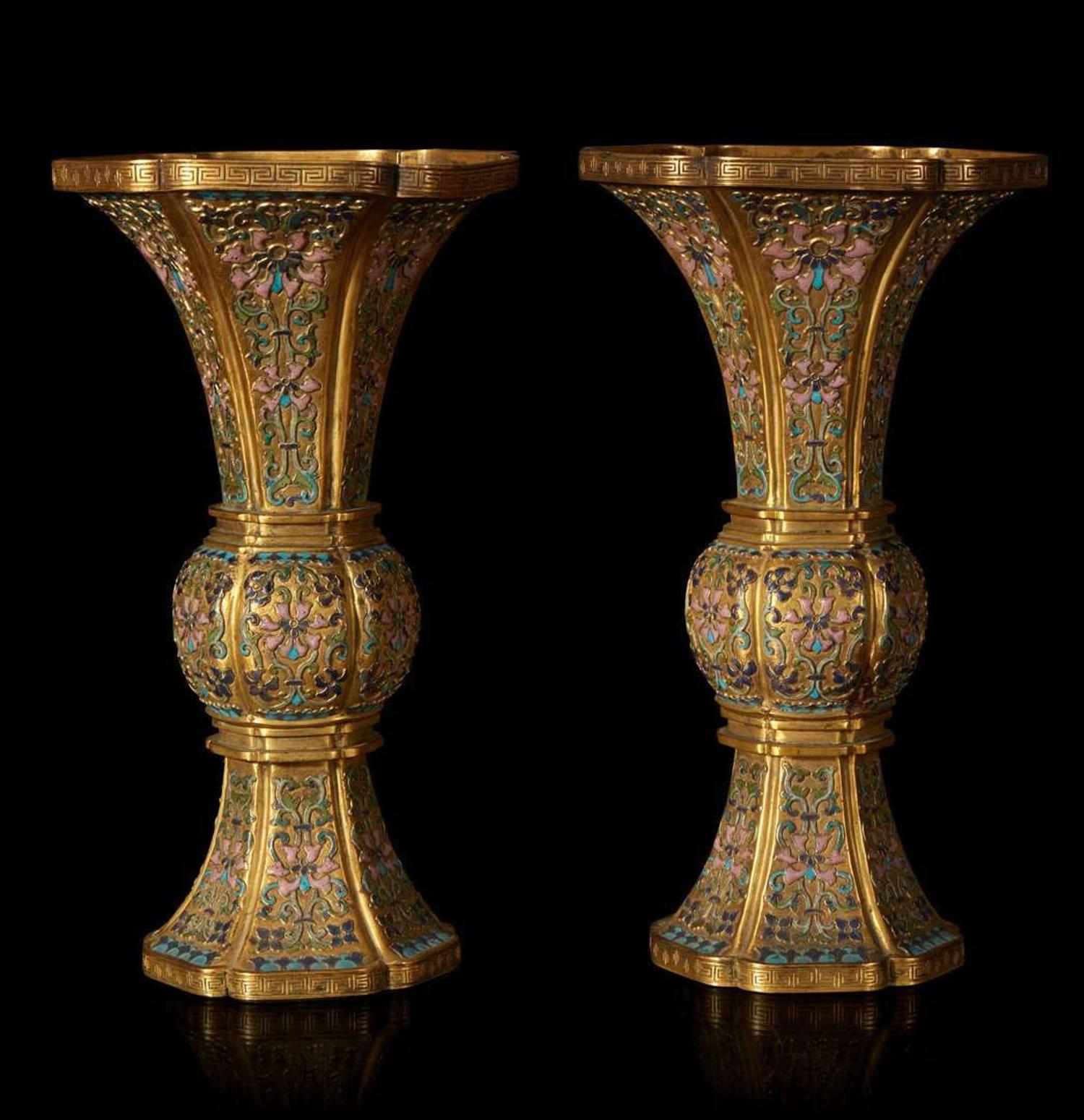 An exceptional pair of Chinese champlevé cloisonné enamel gilt metal gu-form vases 铜鎏金锤鍱珐琅花觚一对 18th/19th century ???????