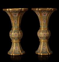 An exceptional pair of Chinese champlevé cloisonné enamel gilt metal gu-form vases 铜鎏金锤鍱珐琅花觚一对 18th/19th century ???????
