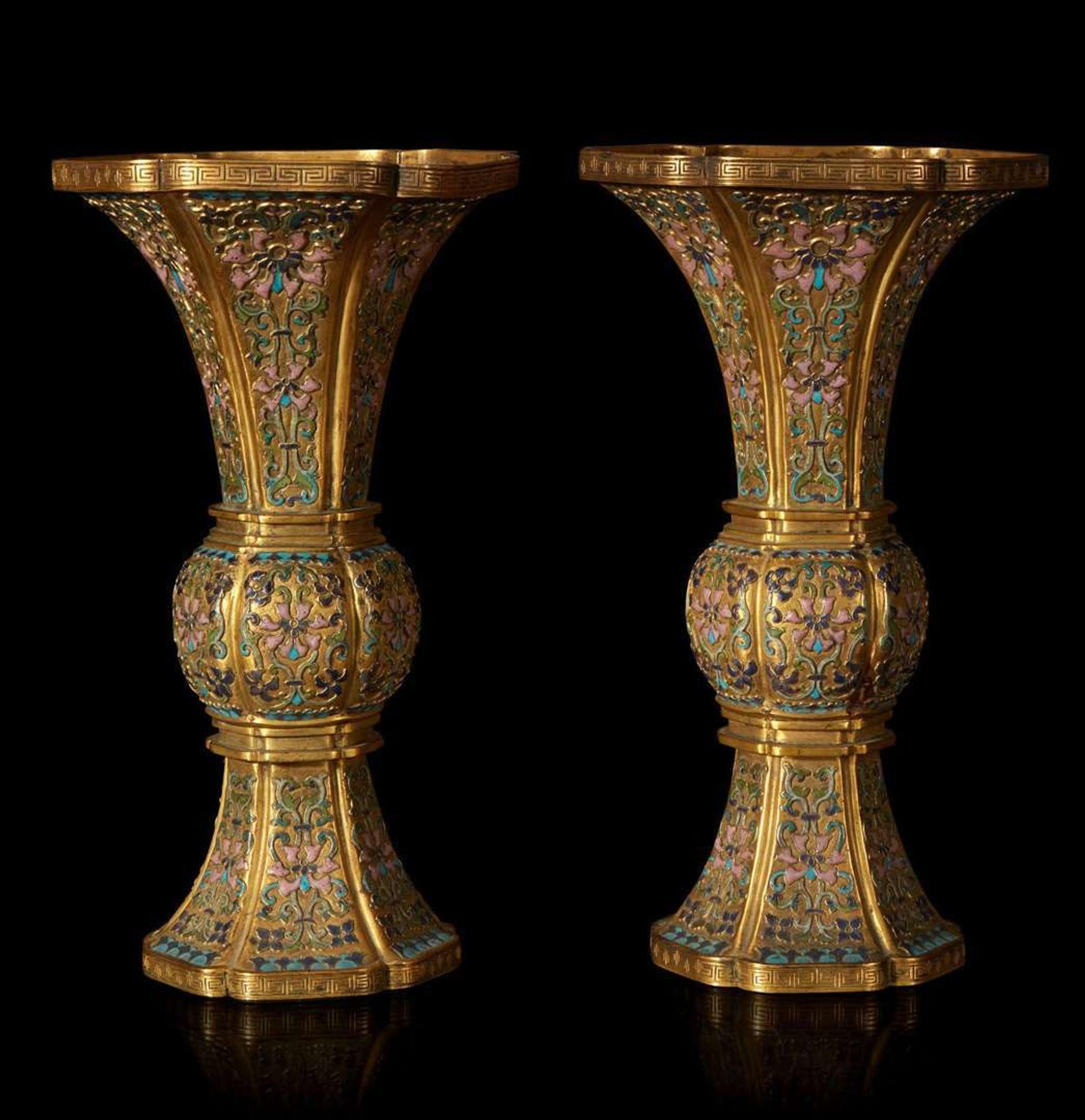 An exceptional pair of Chinese champlevé cloisonné enamel gilt metal gu-form vases 铜鎏金锤鍱珐琅花觚一对 18th/19th century ???????