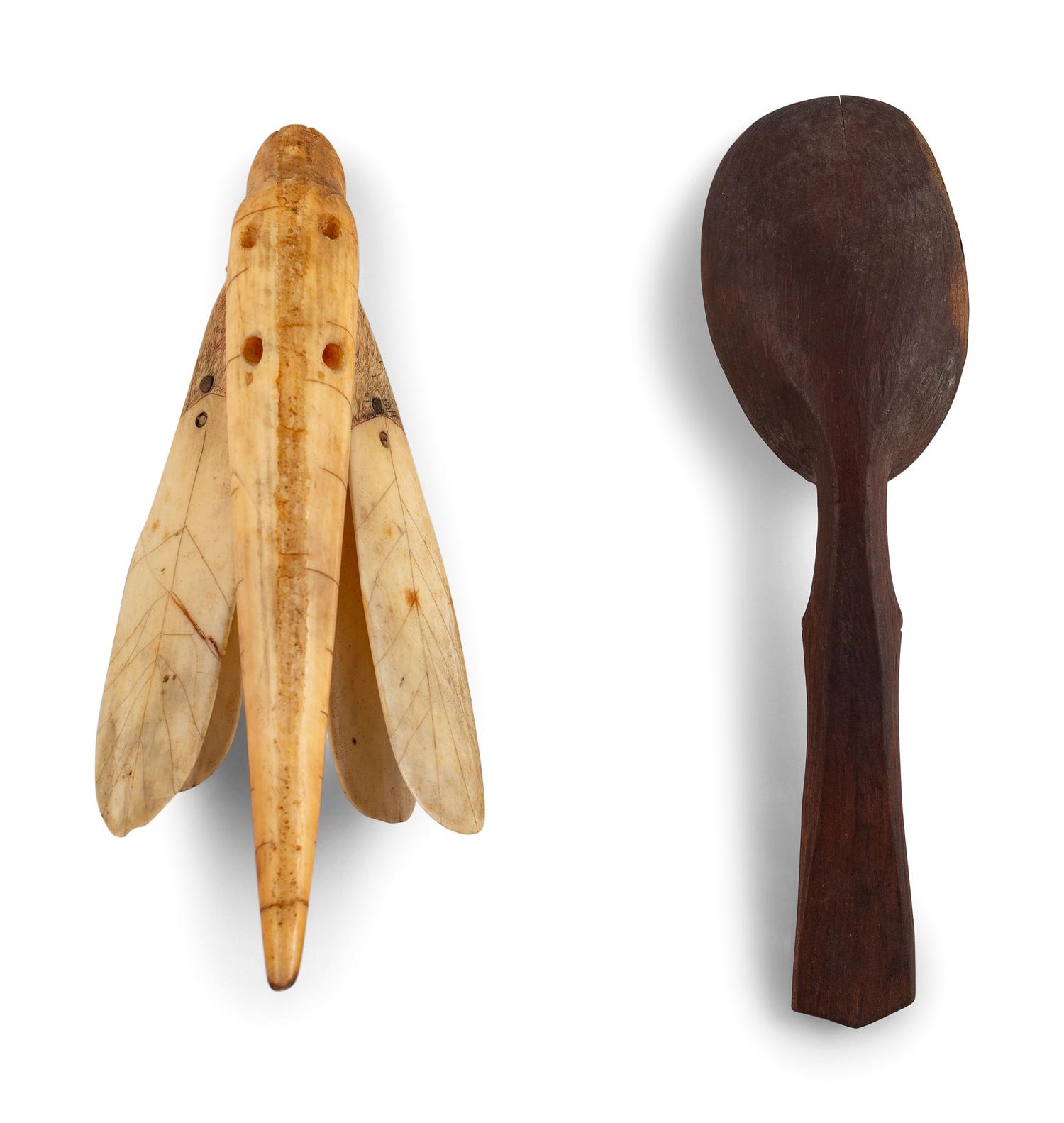 Yup'ik Painted Wood Spoon and Walrus Ivory Dragonfly