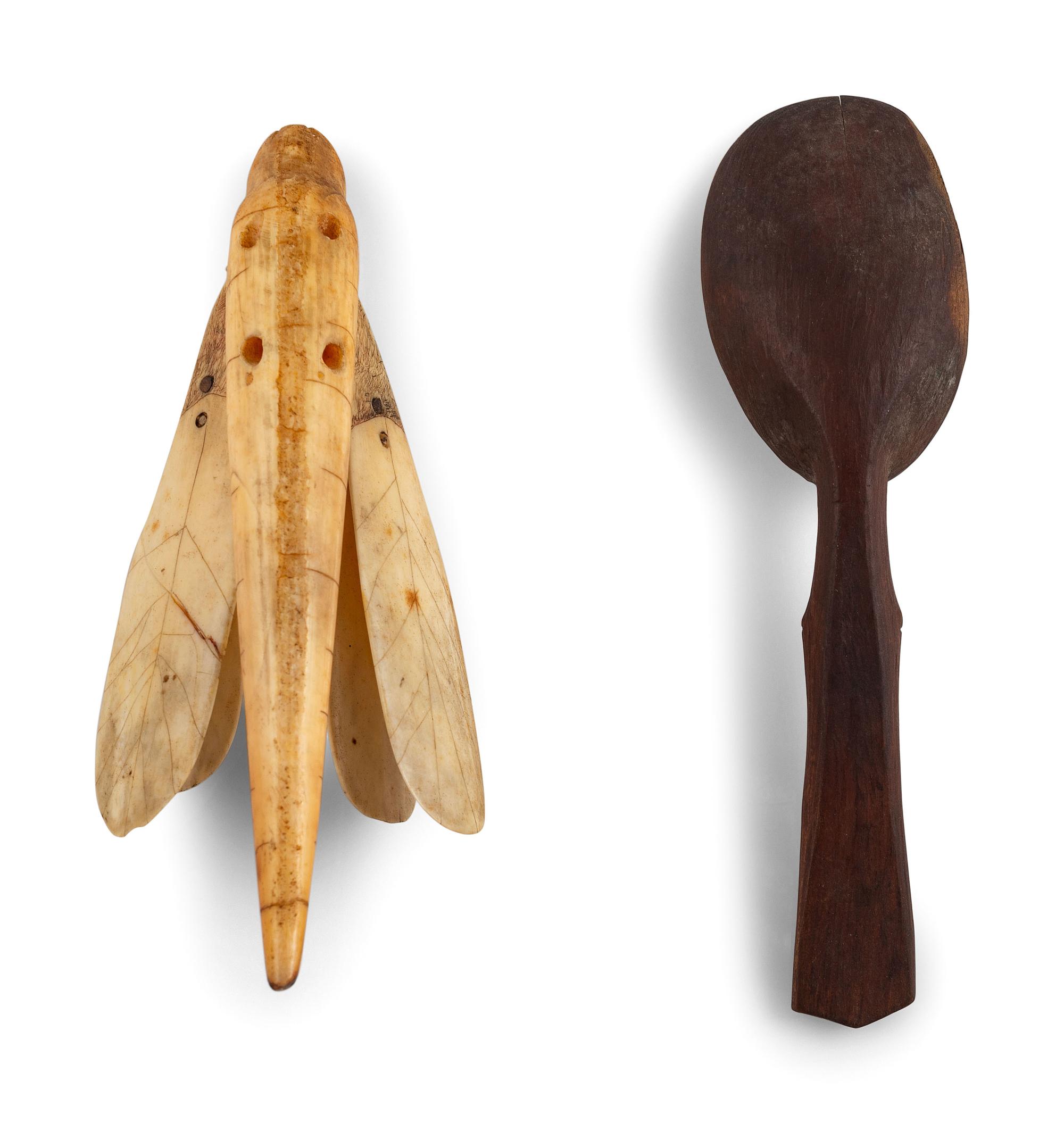 Yup'ik Painted Wood Spoon and Walrus Ivory Dragonfly