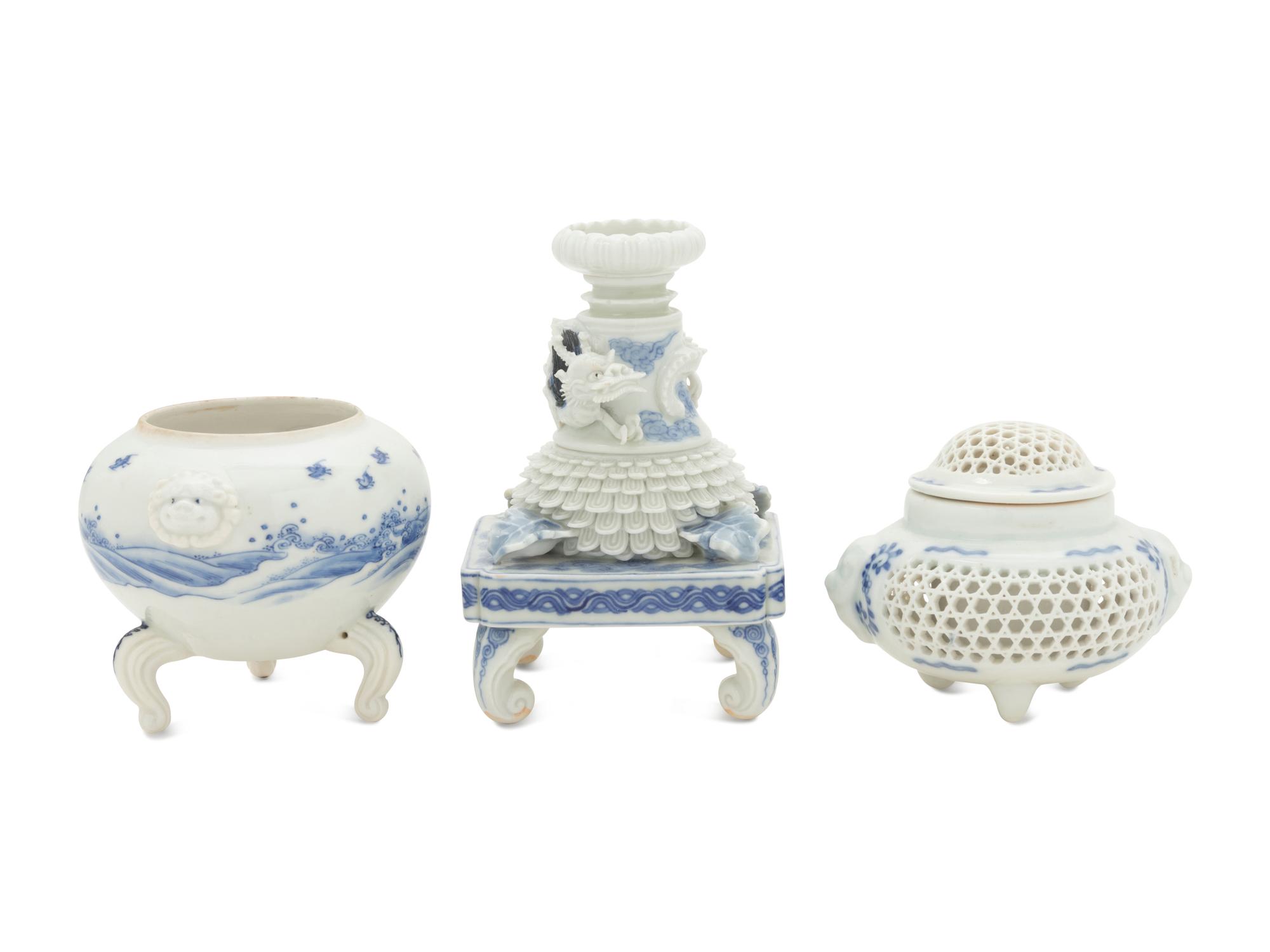 Three Japanese Blue and White Porcelain Scholar's Objects