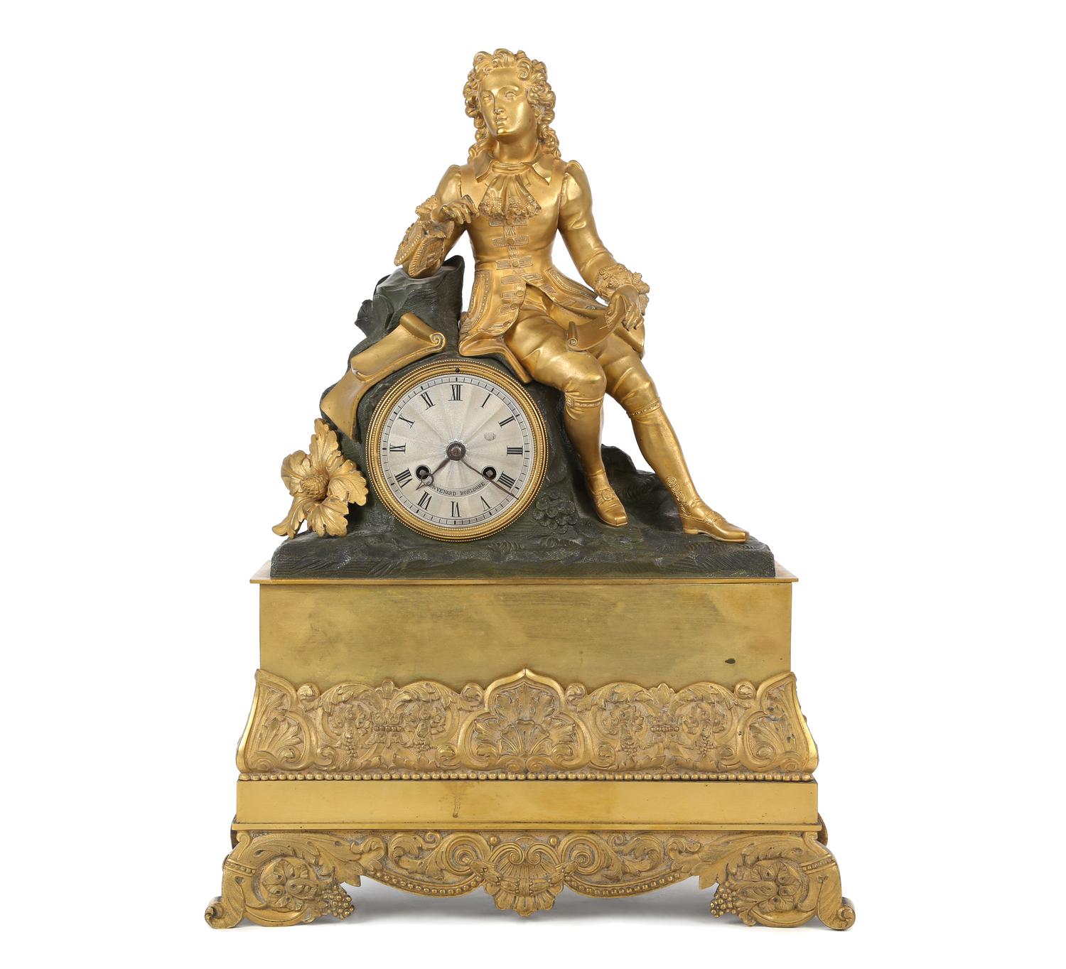 A French Empire Gilt, Patinated Bronze Figural Mantel Clock Height 18 x width 13 x depth 4 1/2 inches. — MOVEMENT BY SENVENARD, BONLOGNE