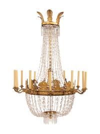 An Empire Gilt Bronze and Cut Glass Twelve-Light Chandelier