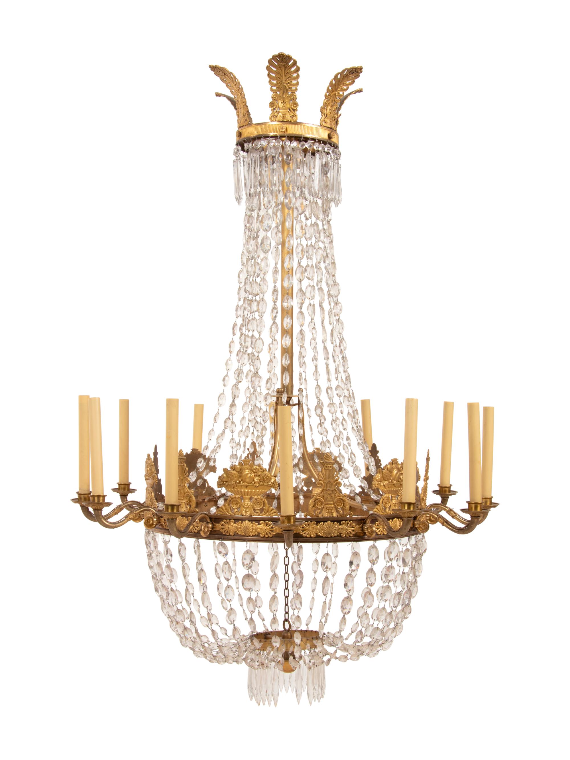 An Empire Gilt Bronze and Cut Glass Twelve-Light Chandelier