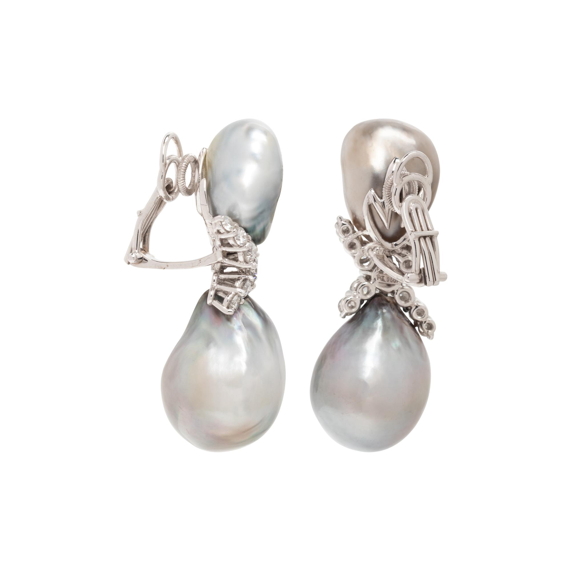 CULTURED GREY BAROQUE PEARL AND DIAMOND EARCLIPS