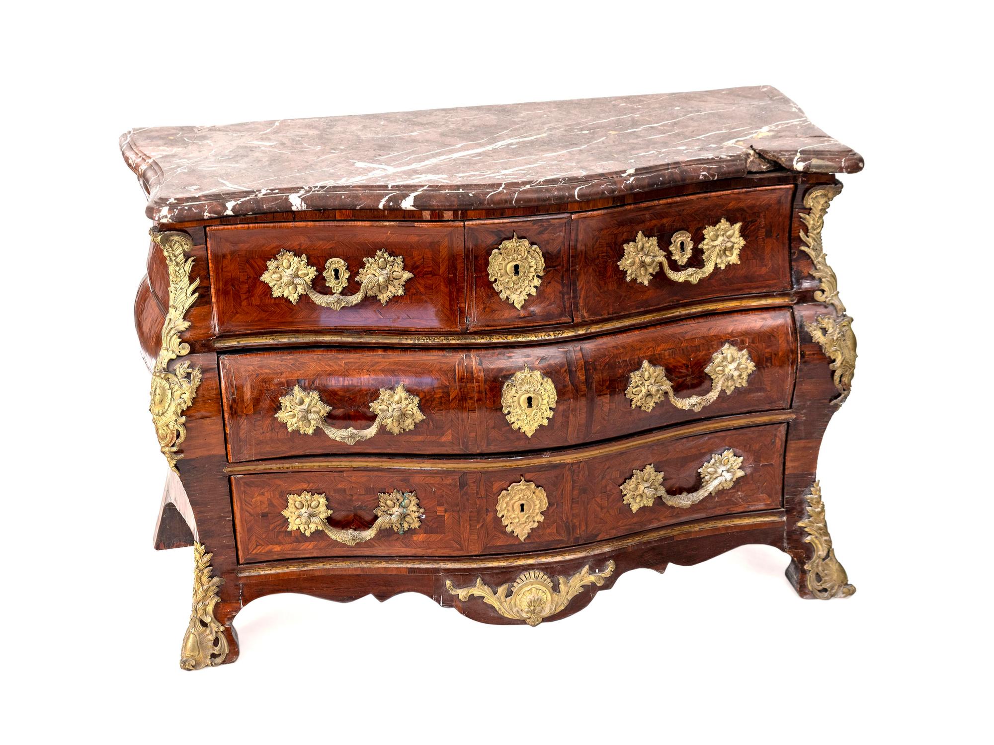 A Louis XV Gilt-Bronze Mounted, Tulipwood and Kingwood, Marble Top Commode — CIRCA 1735