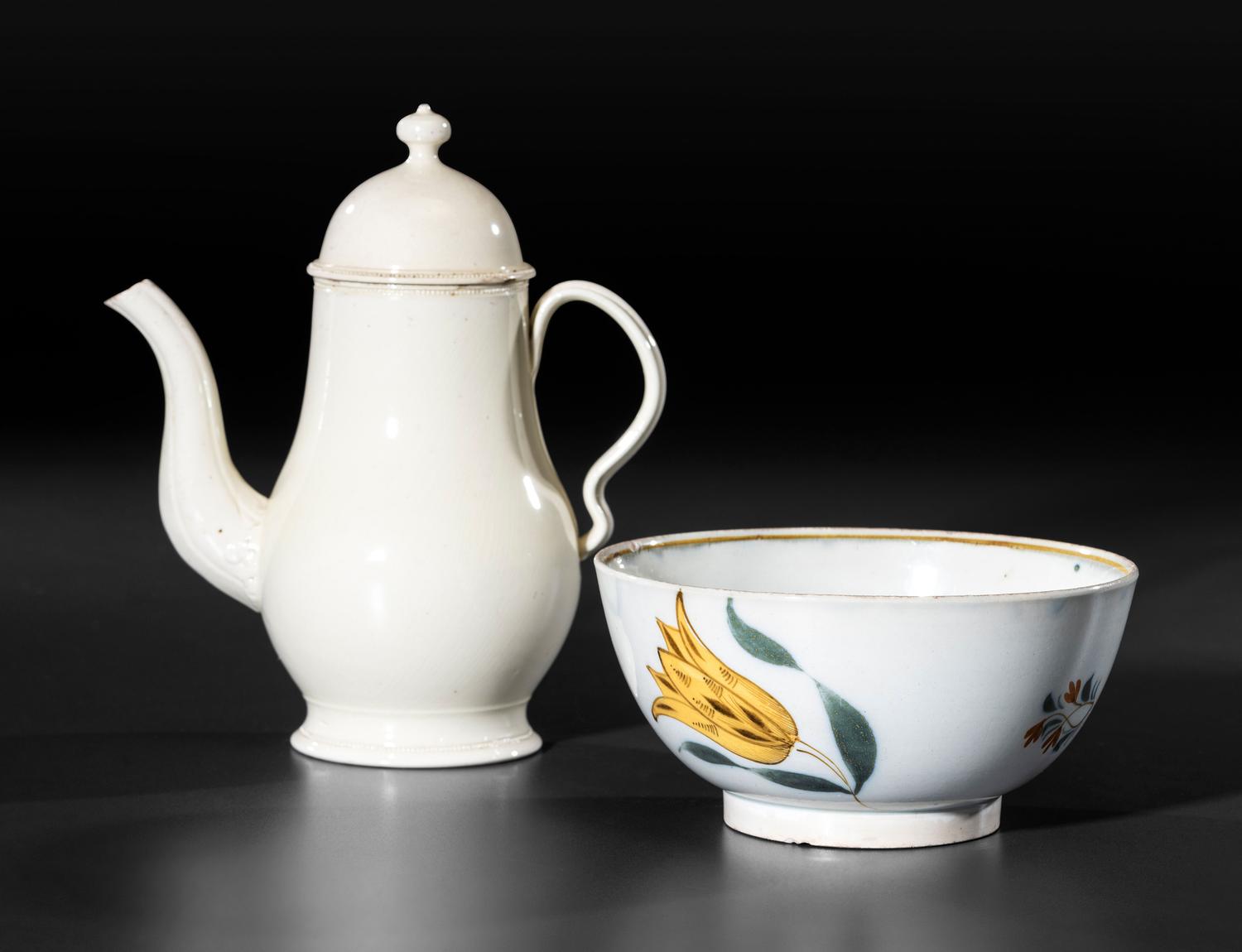 A Leeds Diminutive Creamware Coffeepot and Paint Decorated Pearlware Bowl
