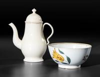 A Leeds Diminutive Creamware Coffeepot and Paint Decorated Pearlware Bowl