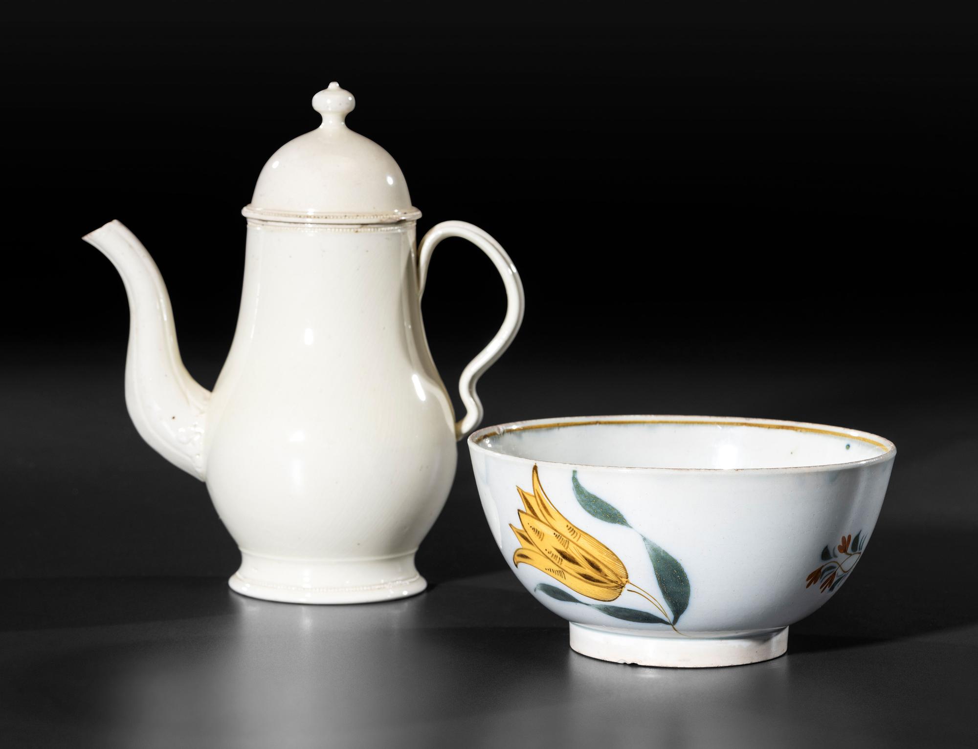 A Leeds Diminutive Creamware Coffeepot and Paint Decorated Pearlware Bowl