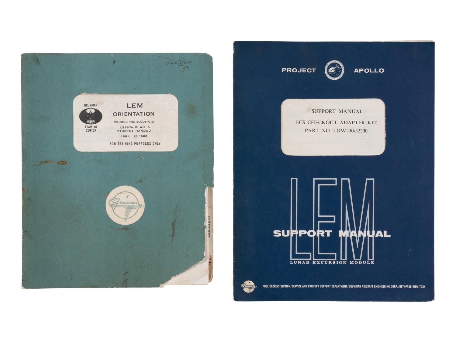 [NASA – LUNAR EXCURSION MODULE]. LEM Orientation Course No. 30005-012. Lesson Plan and Student Handout. -- Project Apollo Lunar Excursion Module Support Manual ECS Checkout Adapter Kit Part No. LDW430-52200. Grumman Aircraft Engineering Corporation, 12 April 1966, 31 August 1966.