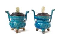 A Pair of Turquoise Glazed Pottery Censers — MING DYNASTY