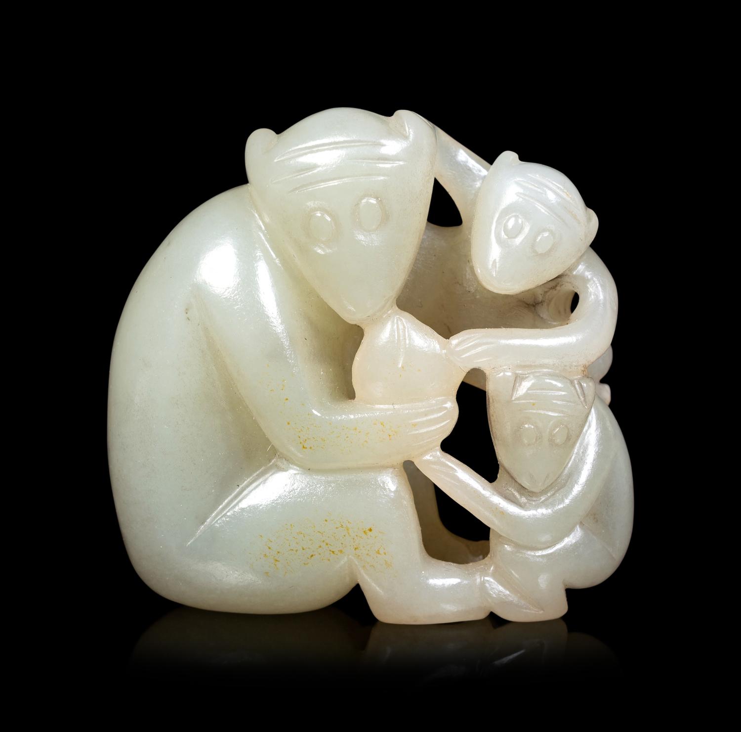 Three Chinese Celadon Jade Carvings of Monkeys