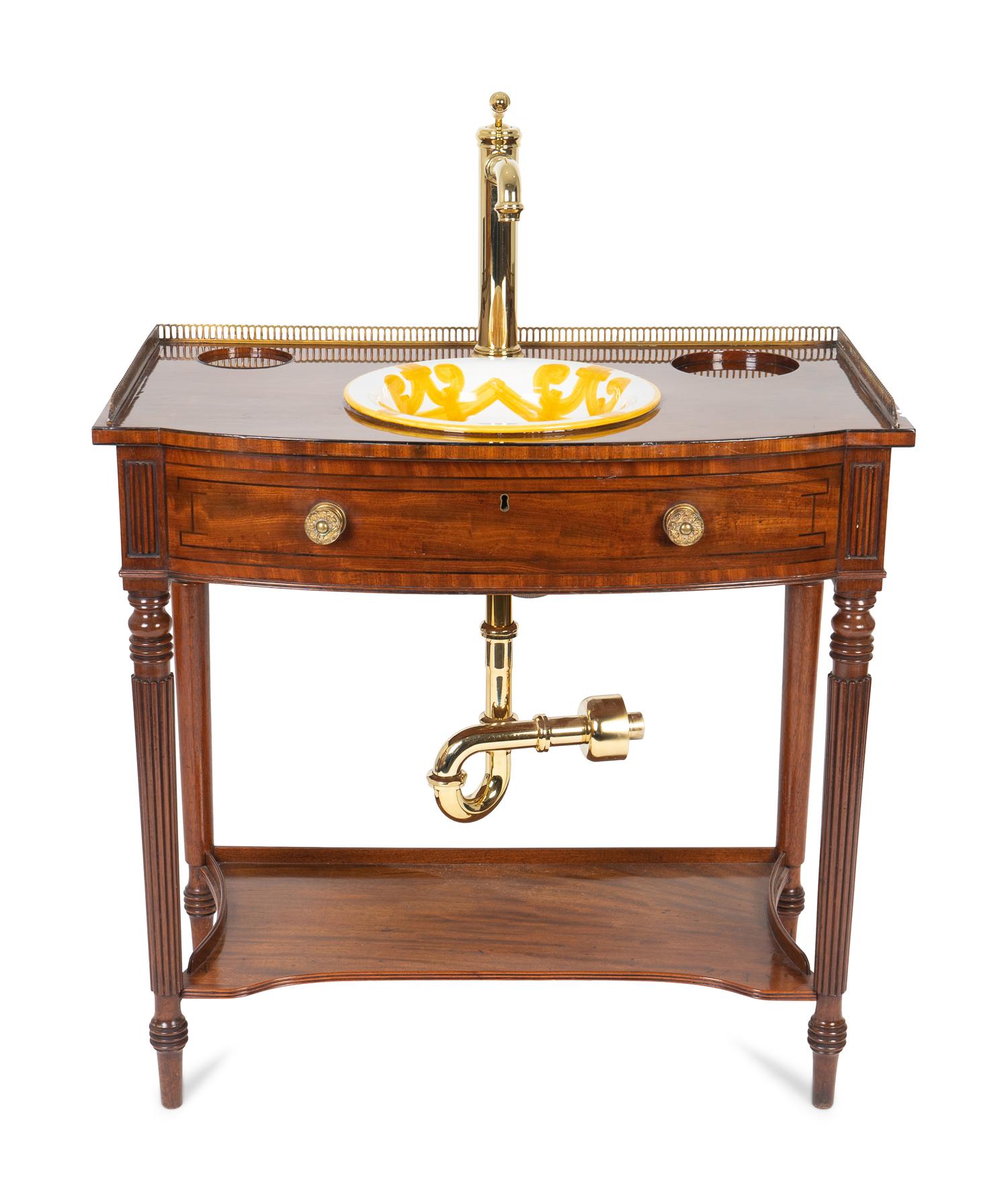 A Regency Style Mahogany Washstand with Brass Fixtures and Italian Ceramic Basin — 19TH/20TH CENTURY