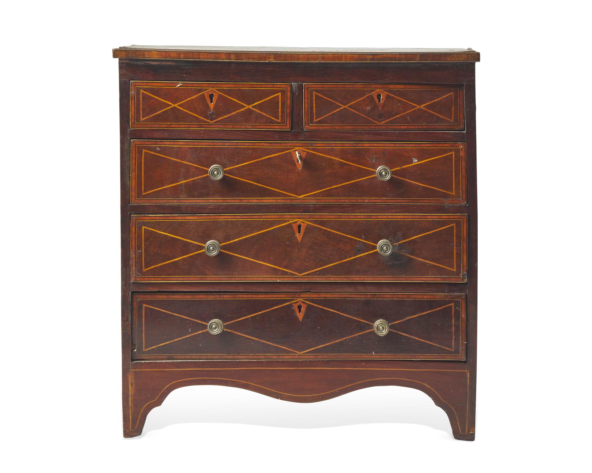 A Miniature Regency Inlaid Mahogany and Mahogany Veneered Chest of Drawers, Continental, Circa 1800