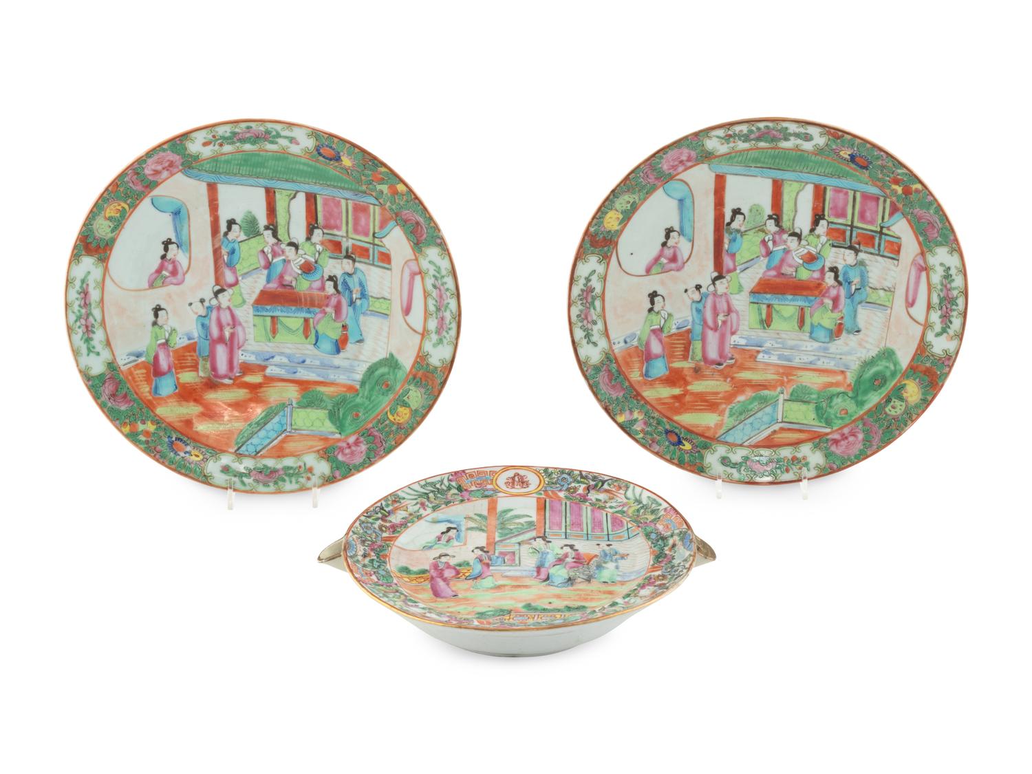 Three Chinese Export Rose Medallion Porcelain Plates