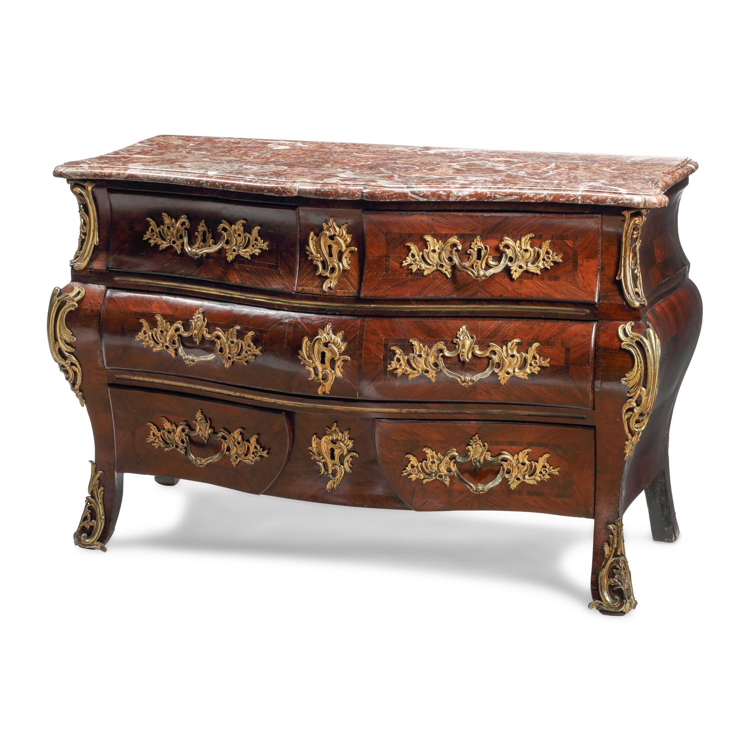 A Louis XV Gilt Bronze Mounted Marquetry Marble-Top Commode